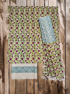 Maroon & Teal Unstitched Kalamkari Print Cotton Salwar Suit Dress Material with Dupatta