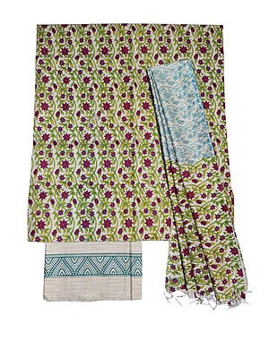 Maroon & Teal Unstitched Kalamkari Print Cotton Salwar Suit Dress Material with Dupatta
