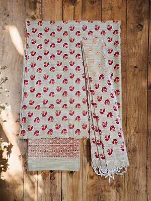 Pink & Orange Unstitched Batik Print Cotton Salwar Suit Dress Material with Dupatta