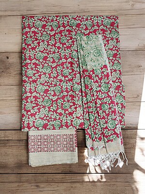 Maroon & Green Unstitched Kalamkari Print Cotton Salwar Suit Dress Material with Dupatta