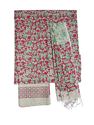 Maroon & Green Unstitched Kalamkari Print Cotton Salwar Suit Dress Material with Dupatta
