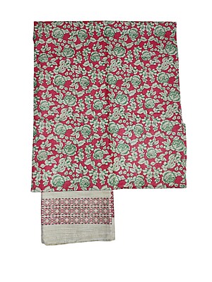Maroon & Green Unstitched Kalamkari Print Cotton Salwar Suit Dress Material with Dupatta