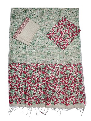 Maroon & Green Unstitched Kalamkari Print Cotton Salwar Suit Dress Material with Dupatta
