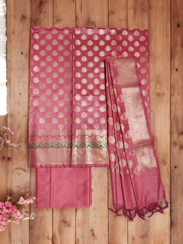 Baby Pink Banarasi Silk Unstitched Suit Set for Women Baby Pink Banarasi Silk Unstitched Suit Set for Women