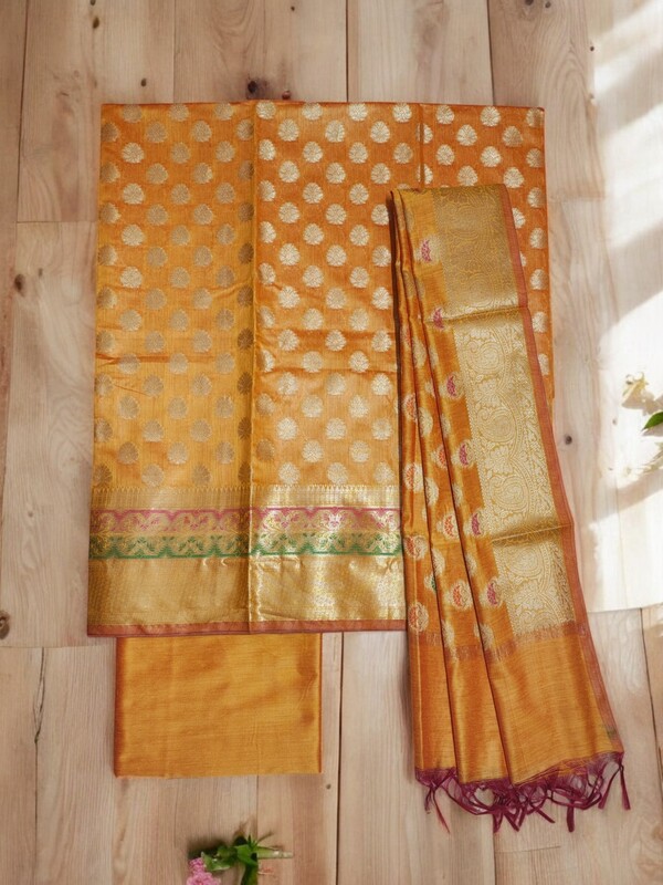 Yellow Banarasi Cotton Silk Unstitched Salwar Suit Set Yellow Banarasi Cotton Silk Unstitched Salwar Suit Set