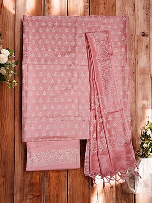 Peach Block Print Unstitched Silk Salwar Suit Dress Material with Dupatta