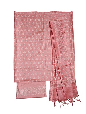 Peach Block Print Unstitched Silk Salwar Suit Dress Material with Dupatta Peach Block Print Unstitched Silk Salwar Suit Dress Material with Dupatta