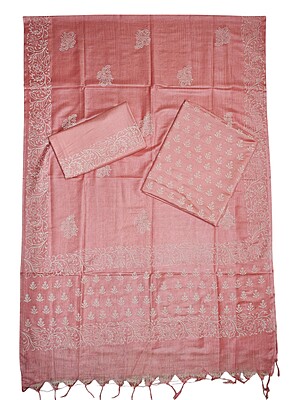 Peach Block Print Unstitched Silk Salwar Suit Dress Material with Dupatta Peach Block Print Unstitched Silk Salwar Suit Dress Material with Dupatta