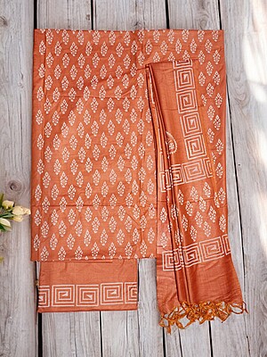 Orange Unstitched Block Print Silk Salwar Suit Dress Material with Dupatta