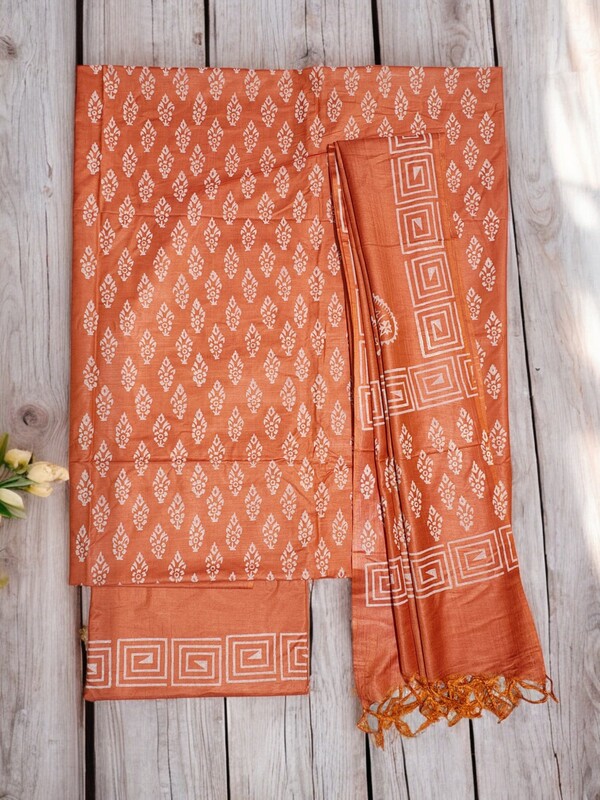 Orange Unstitched Block Print Silk Salwar Suit Dress Material with Dupatta Orange Unstitched Block Print Silk Salwar Suit Dress Material with Dupatta