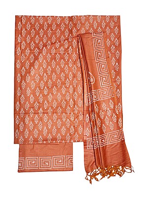 Orange Unstitched Block Print Silk Salwar Suit Dress Material with Dupatta Orange Unstitched Block Print Silk Salwar Suit Dress Material with Dupatta
