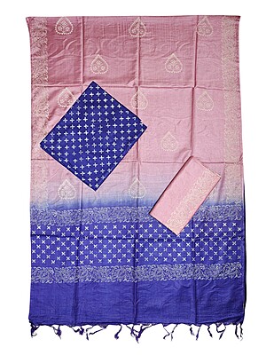 Pink & Indigo Unstitched Batik Print Silk Salwar Suit Dress Material with Dupatta