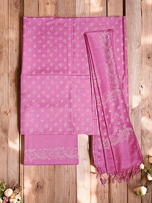 Pink Unstitched Batik Print Silk Salwar Suit Dress Material with Dupatta
