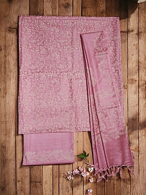 Light Plum Unstitched Block Print Silk Salwar Suit Dress Material with Dupatta