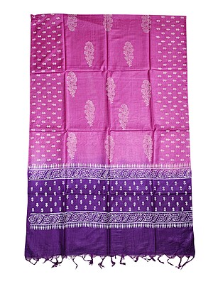 Pink & Purple Unstitched Block Print Silk Salwar Suit Dress Material with Dupatta