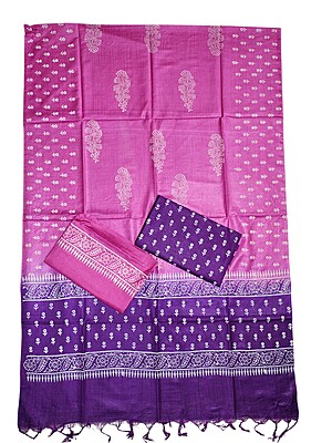 Pink & Purple Unstitched Block Print Silk Salwar Suit Dress Material with Dupatta