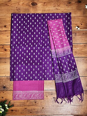 Pink & Purple Unstitched Block Print Silk Salwar Suit Dress Material with Dupatta