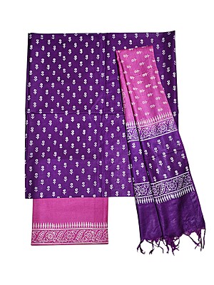 Pink & Purple Unstitched Block Print Silk Salwar Suit Dress Material with Dupatta