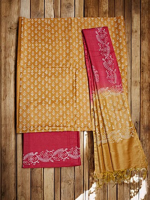 Pink & Yellow Unstitched Batik Print Silk Salwar Suit Dress Material with Dupatta
