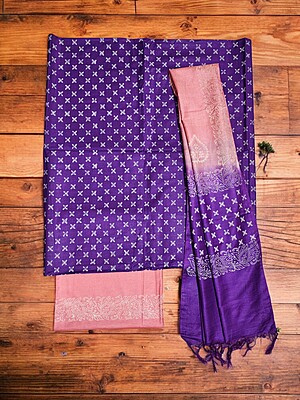 Yellow & Green Unstitched Batik Print Silk Salwar Suit Dress Material with Dupatta