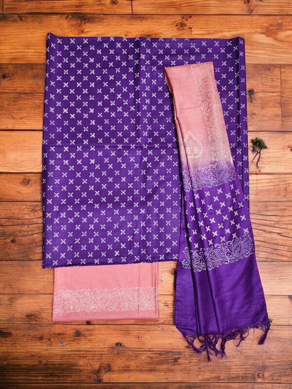 Yellow & Green Unstitched Batik Print Silk Salwar Suit Dress Material with Dupatta