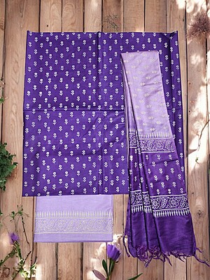 Dark Purple Unstitched Batik Print Silk Salwar Suit Dress Material with Dupatta