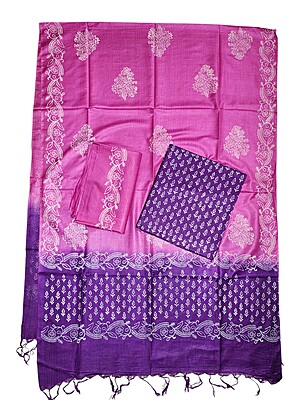 Indigo & Olive Green Unstitched Batik Print Silk Salwar Suit Dress Material with Dupatta