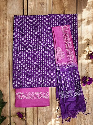 Indigo & Olive Green Unstitched Batik Print Silk Salwar Suit Dress Material with Dupatta