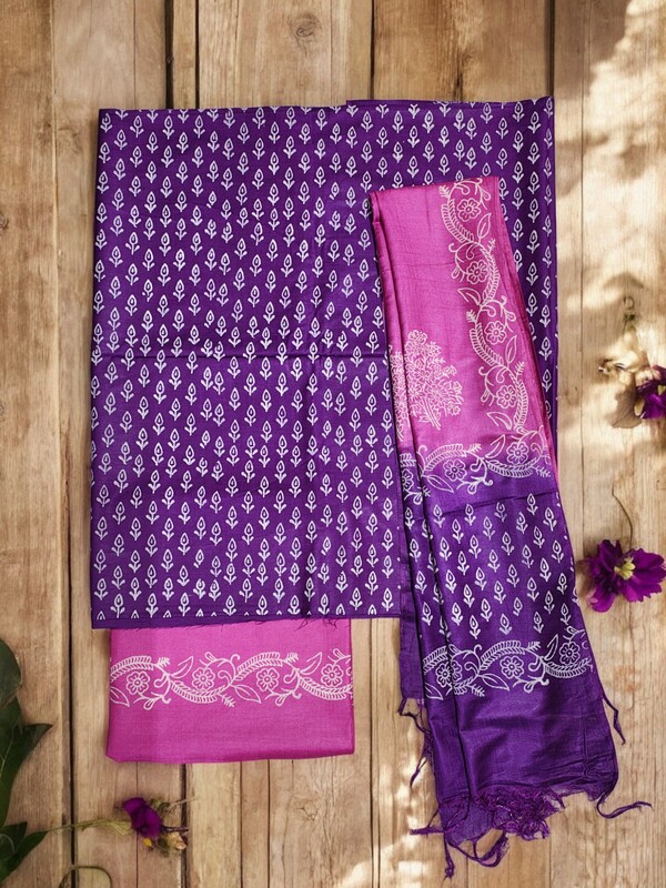 Indigo & Olive Green Unstitched Batik Print Silk Salwar Suit Dress Material with Dupatta