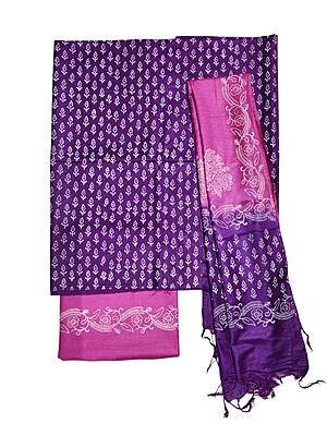 Indigo & Olive Green Unstitched Batik Print Silk Salwar Suit Dress Material with Dupatta