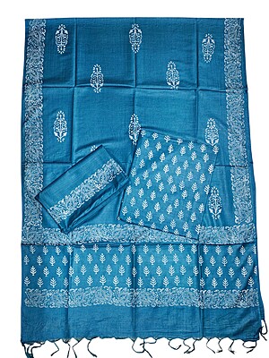 Turquoise Unstitched Block Print Silk Salwar Suit Dress Material with Dupatta Turquoise Unstitched Block Print Silk Salwar Suit Dress Material with Dupatta