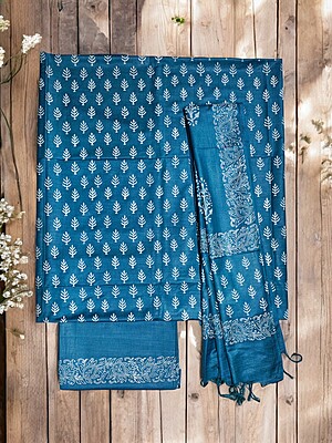Turquoise Unstitched Block Print Silk Salwar Suit Dress Material with Dupatta