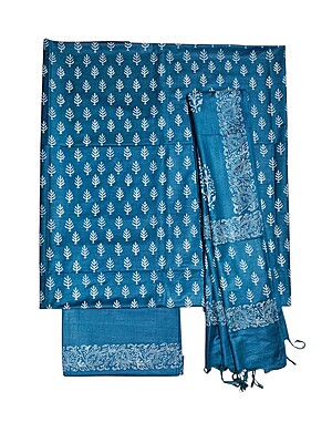 Turquoise Unstitched Block Print Silk Salwar Suit Dress Material with Dupatta Turquoise Unstitched Block Print Silk Salwar Suit Dress Material with Dupatta