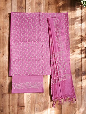 Pink Hand Block Print Unstitched Silk Salwar Suit Dress Material with Dupatta