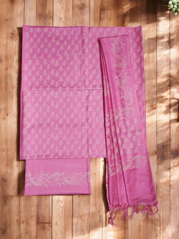 Pink Hand Block Print Unstitched Silk Salwar Suit Dress Material with Dupatta