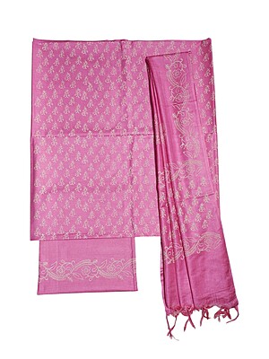 Pink Hand Block Print Unstitched Silk Salwar Suit Dress Material with Dupatta