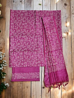 Magenta Pink Unstitched Block Print Silk Salwar Suit Dress Material with Dupatta