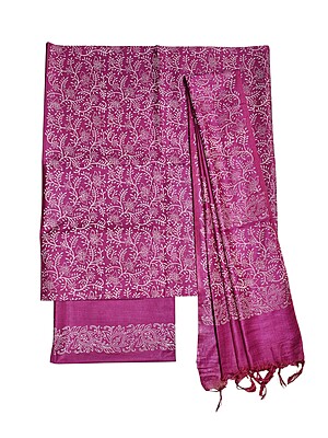 Magenta Pink Unstitched Block Print Silk Salwar Suit Dress Material with Dupatta Magenta Pink Unstitched Block Print Silk Salwar Suit Dress Material with Dupatta