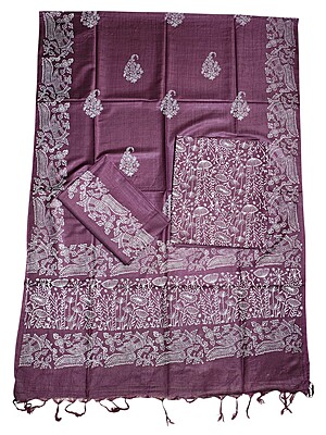 Wine Block Print Unstitched Silk Salwar Suit Dress Material with Dupatta Wine Block Print Unstitched Silk Salwar Suit Dress Material with Dupatta
