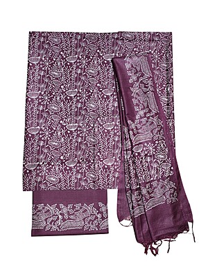 Wine Block Print Unstitched Silk Salwar Suit Dress Material with Dupatta Wine Block Print Unstitched Silk Salwar Suit Dress Material with Dupatta