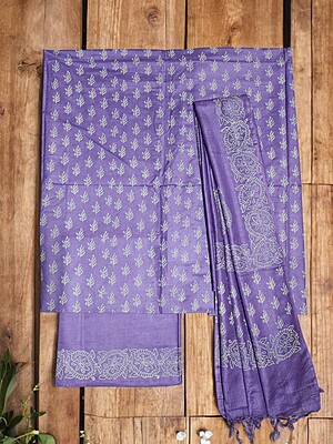 Purple Unstitched Block Print Silk Salwar Suit Dress Material with Dupatta