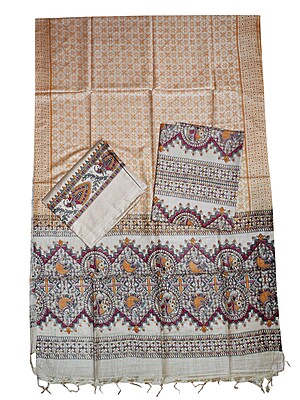 Maroon & Black Madhubani Print Unstitched Silk Salwar Suit with Dupatta