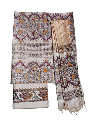 Maroon & Black Madhubani Print Unstitched Silk Salwar Suit with Dupatta
