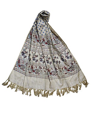 Red & Golden Madhubani Print Cotton Silk Dupatta for Women