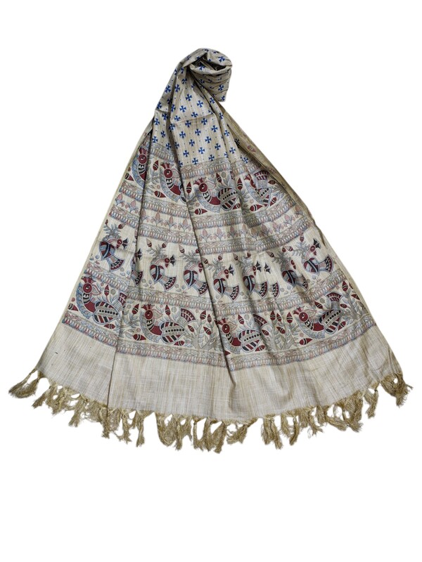 Red & Golden Madhubani Print Cotton Silk Dupatta for Women
