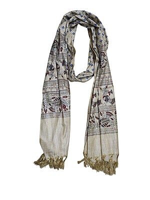 Red & Golden Madhubani Print Cotton Silk Dupatta for Women