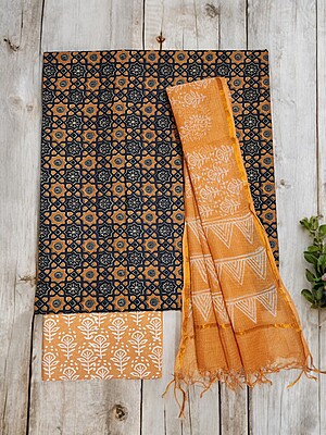 Peach Hand block Print Kota Doria Unstitched Salwar Suit Set