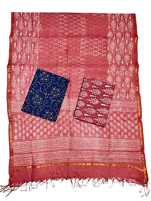 Indigo & Red Unstitched Hand block Print Cotton Salwar Suit Set with Kota Doria Dupatta Indigo & Red Unstitched Hand block Print Cotton Salwar Suit Set with Kota Doria Dupatta