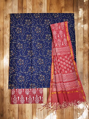 Indigo & Red Unstitched Hand block Print Cotton Salwar Suit Set with Kota Doria Dupatta