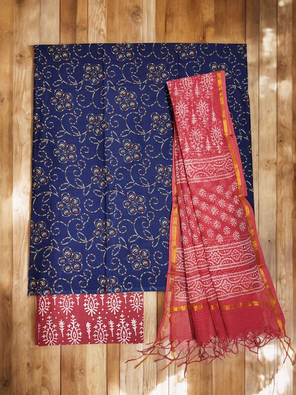 Indigo & Red Unstitched Hand block Print Cotton Salwar Suit Set with Kota Doria Dupatta Indigo & Red Unstitched Hand block Print Cotton Salwar Suit Set with Kota Doria Dupatta